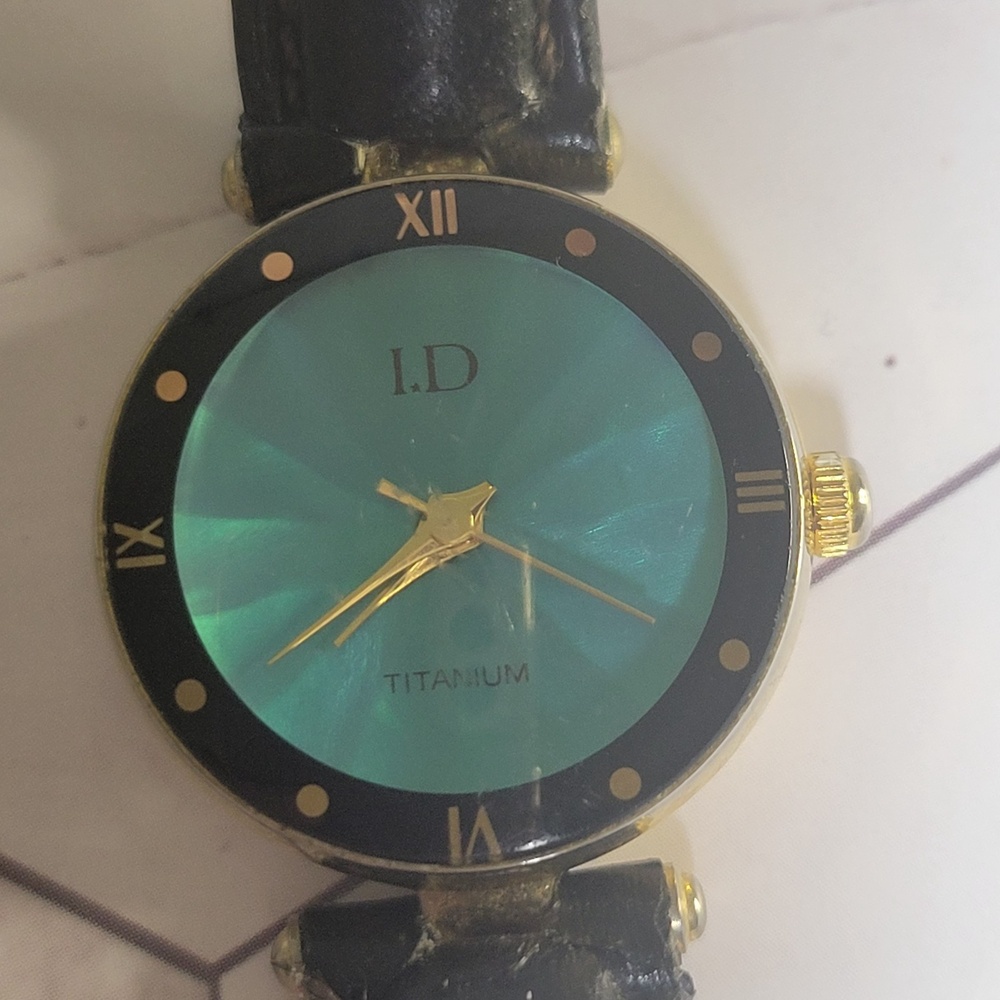 I.D. Titanium Vintage gold tone turquoise face black leather band watch
